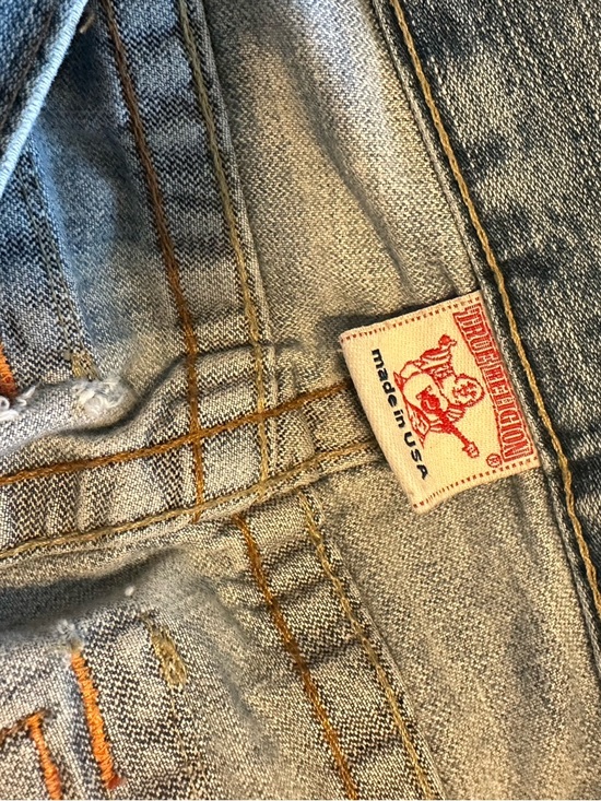 True Religion Light Blue Washed Denim Shorts with Brass Button - Picture 6 of 6